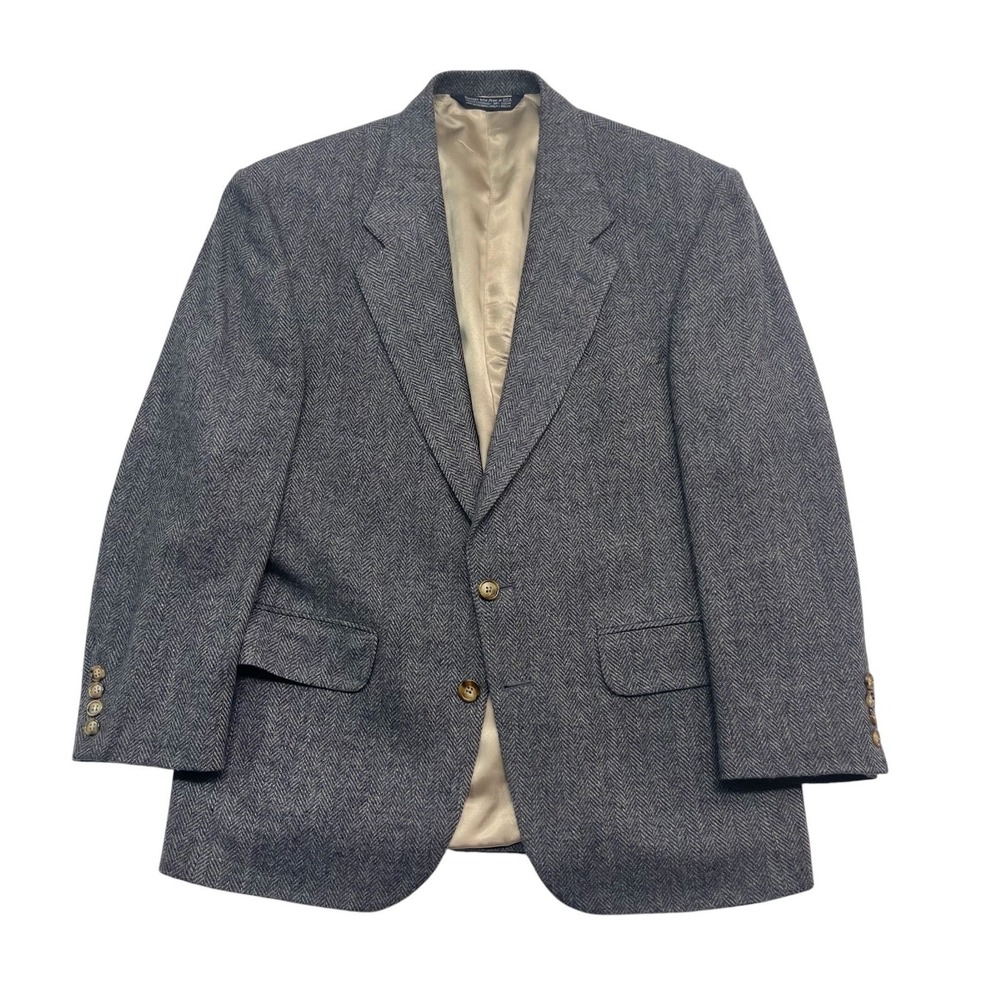 vtg Lands End 40S Blue Gray Herringbone Tweed Blazer Jacket Sport Suit Coat USA